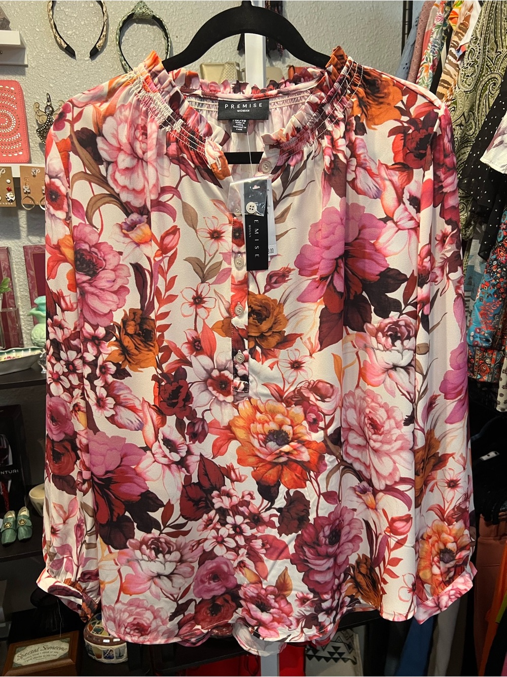 Premise Floral Henley Blouse in Pink, Orange & Brown